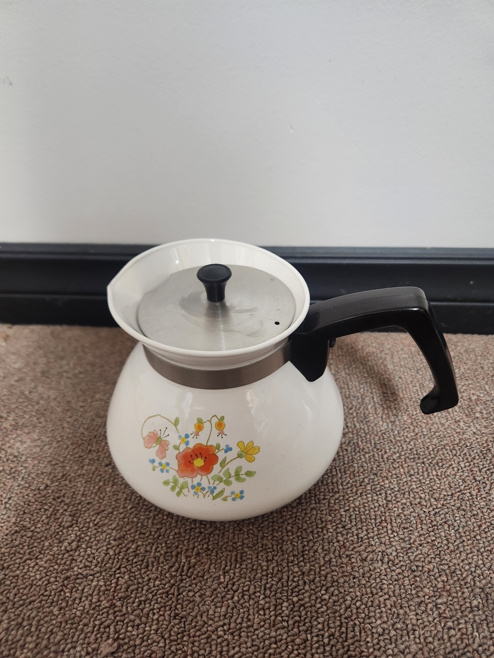 Corningware White Coffee Pot with Black Handle and Floral Design